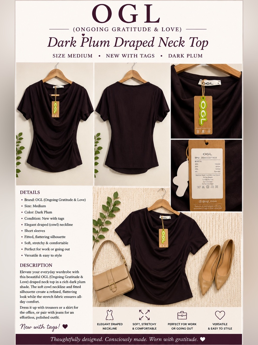 OGL Dark Plum Draped Neck Short Sleeve Top